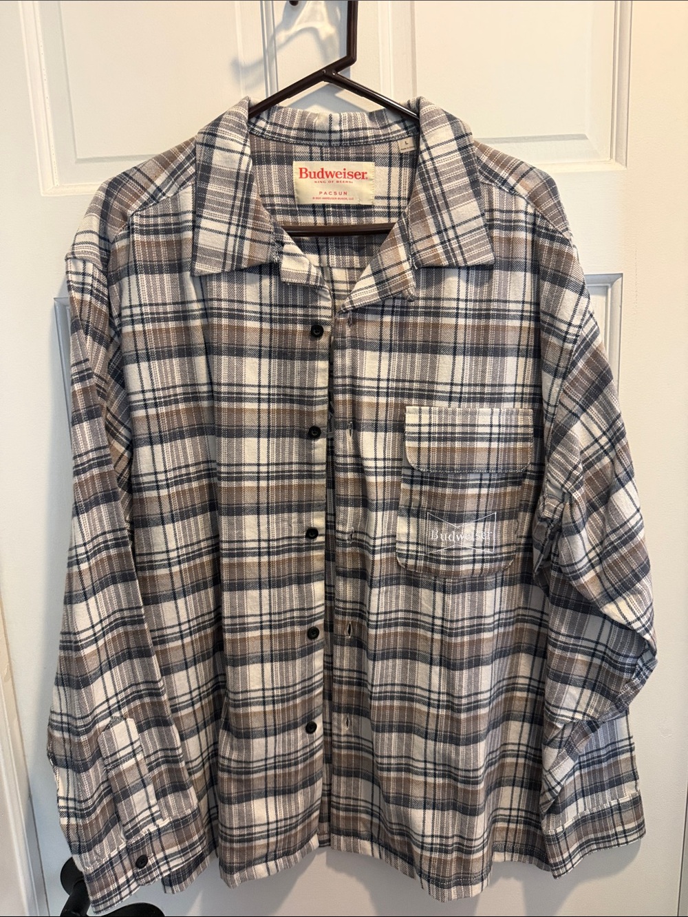 Budweiser Plaid Button-Up Shirt in Gray, Brown and White